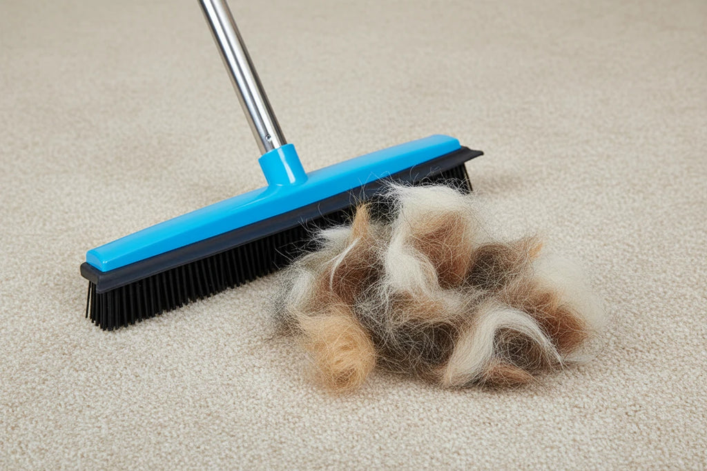 Furless Life™ Blue Rubber Pet Hair Remover Broom – quickly removes pet hair from carpets, furniture, and clothes.